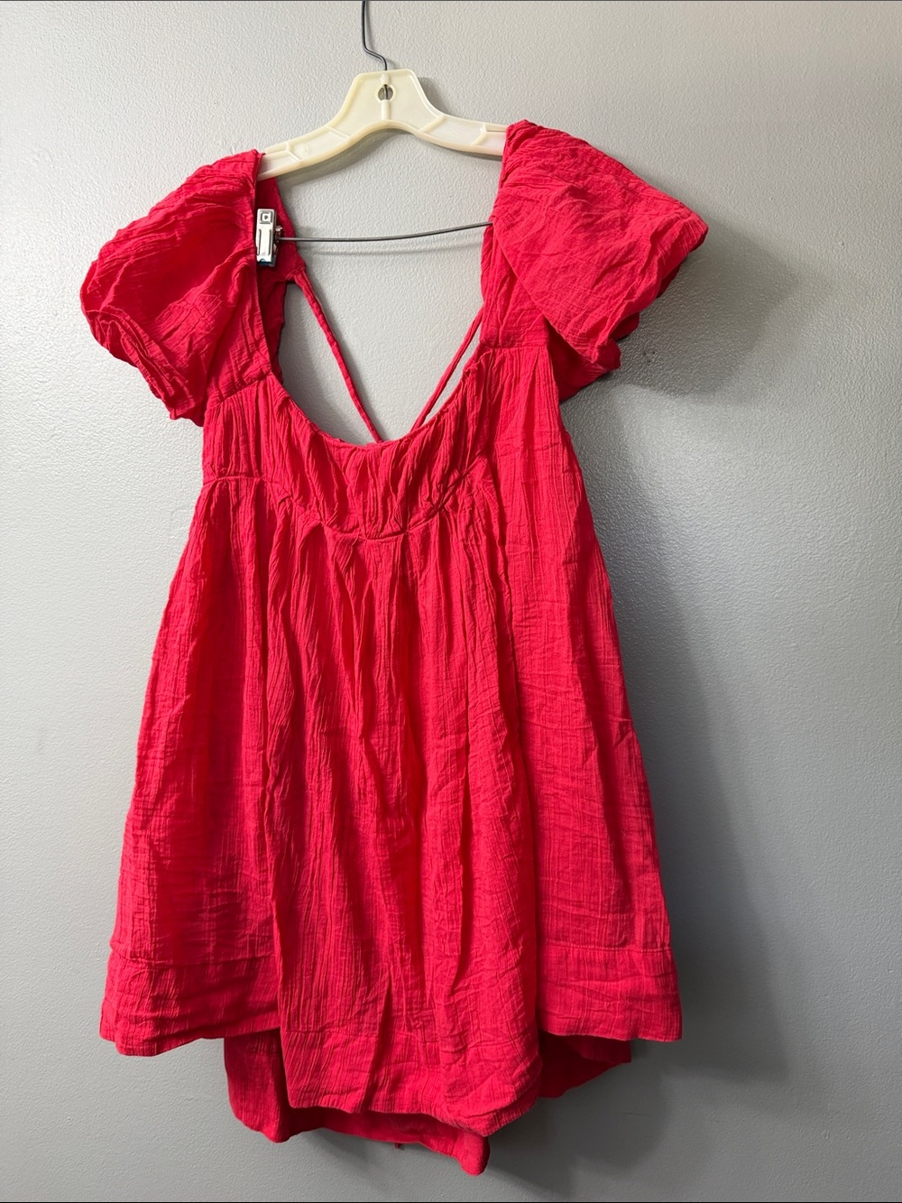 Free People Marina Mini Dress red Coral Red Textured Gauze  puff sleeve Large - Picture 6 of 9